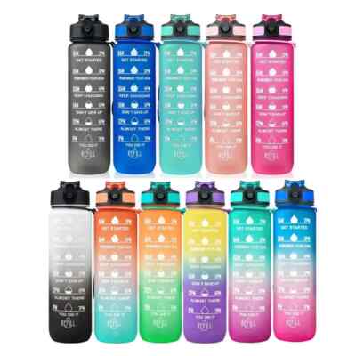 1L/2L Motivations Sport Trinkflasche - Auslaufsicherer Zeitmarker + Strohhalm Gym Flachmann