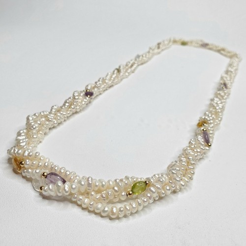 Barock Perlen 3 mm - 4 Strang - 35" Halskette mit Citrin Amethyst Peridot Quarz - Bild 1 von 6