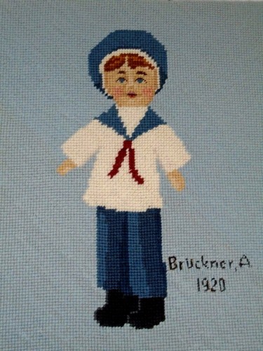 Lot of 2 Antique 1920 Wool Needlepoint Pictures BOY & GIRL 13" x 11" each - Picture 2 of 11