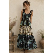 Mixed Print Floral Maxi Dress S Blue Multi Boho Cottage Patchwork Prairie Tiered
