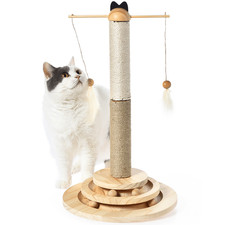 Interactive Cat Scratching Post with 2 Tier Ball Track and Hanging Feather Toys