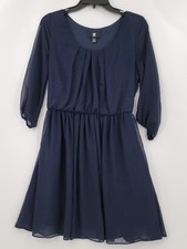 Iz Beyer Dress Womens Size Med Navy Long Sleeve Scoop Neck Pleated Thin Overlay