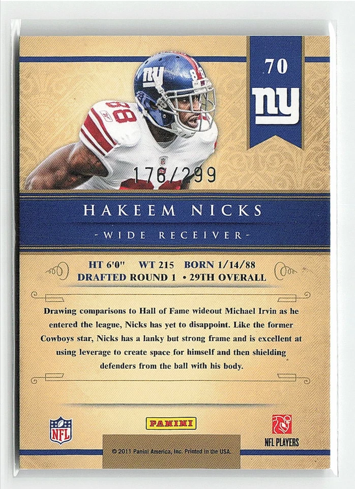 2011 Panini Football Gold Standard Hakeem Nicks /299 #70 New York Giants - Image 2 of 2