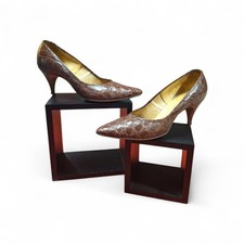 True VTG Mid-century 1950s 1960s Stiletto Pumps Reptile Embossed Leather 7 Brown