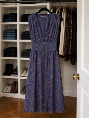 Women s Blue/Brown Floral Sleeveless V-Neck Maxi Dress Smocked Waist Zip
