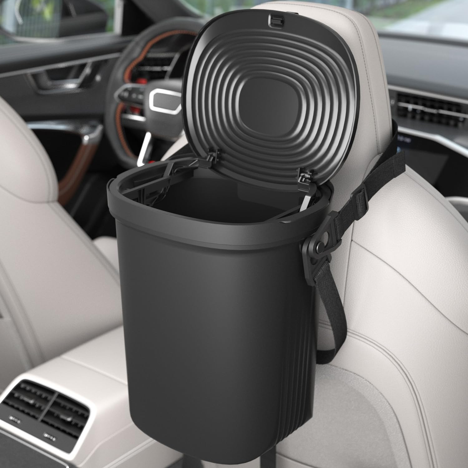 Leakproof Car Trash Can, 1.9 Gallon Soft Silicone Hanging Garbage Bin with Li...