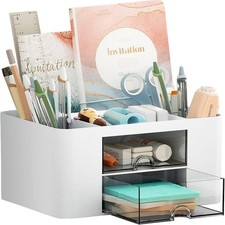 Desk Organizer Pen Holder w 2 Drawers Office Supplies Storage White
