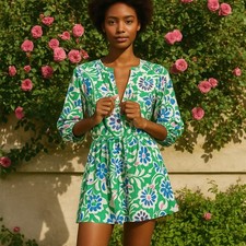 Zara SZ M Linen Blend Blue Green Floral Print Mini Dress Belted