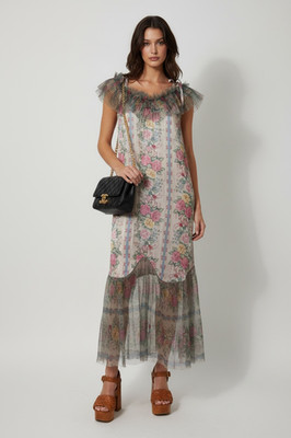 NWT Anna Sui Dress Maxi 10 Silk Floral Coquette Whimsy Boho Off Shoulder Chintz