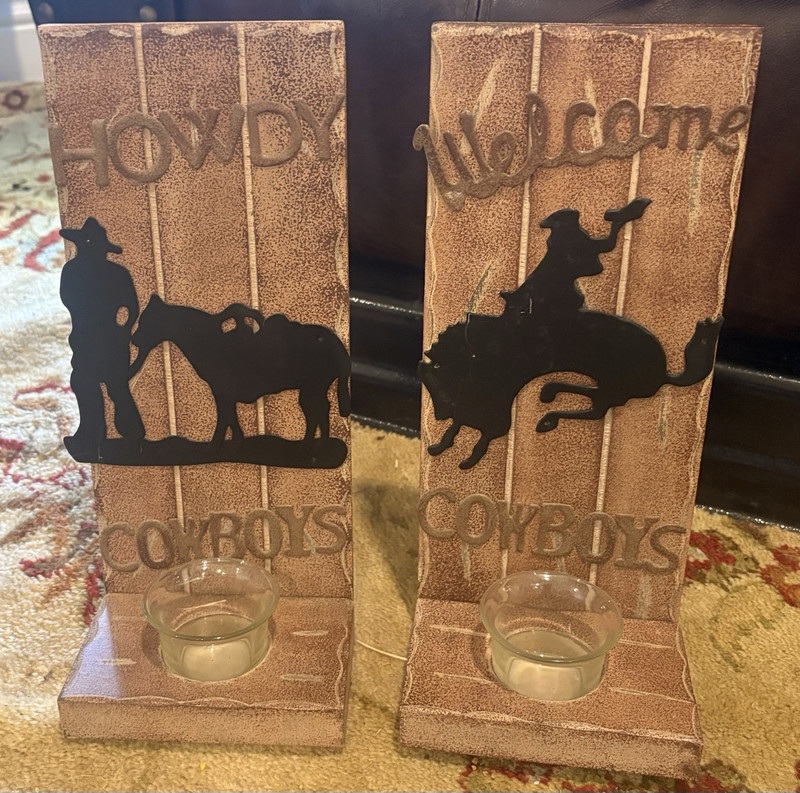 Set of 2 Western Cowboy Horse Tea Light Candle Holders, Wood w/ Glass Cups
