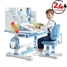 Kids Study Desk  Chair Set Height Adjustable with Bookshelf Drawer 50  Tiltable