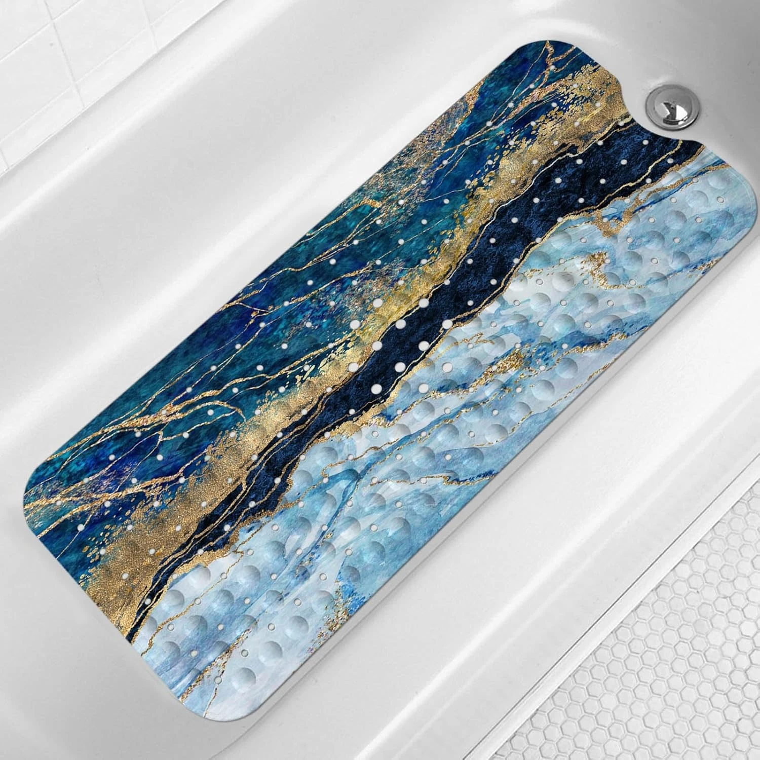 LNOND Marble Bath Tub Mat Non 40" x 16" (Rectangular), 2-blue Black