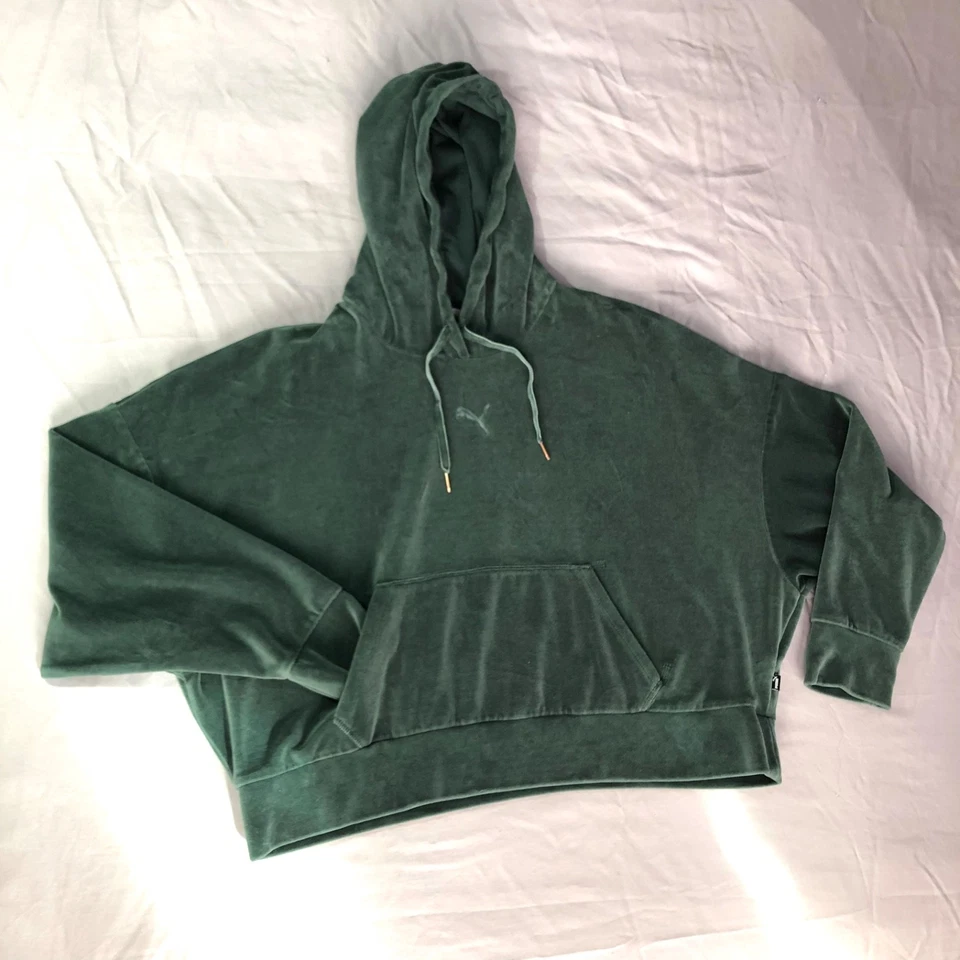 Sudadera con Capucha PUMA Pullover Terciopelo Verde Su Logo Sudadera con Capucha Para Mujer Talla XL Foto 2 de 4