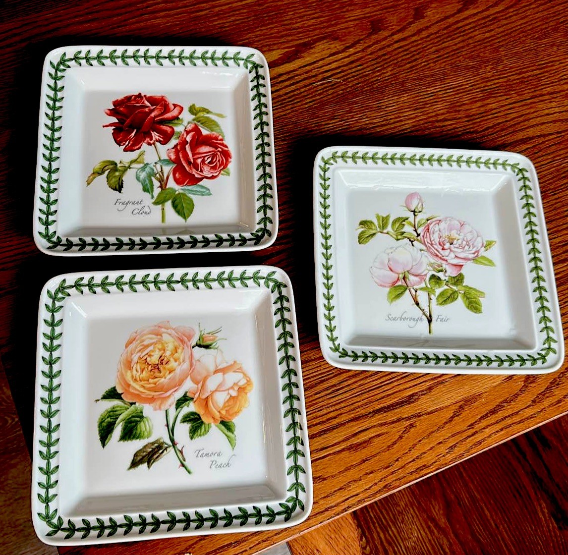 3 Portmeirion Botanic Roses Square Plates - Fragrant Cloud T