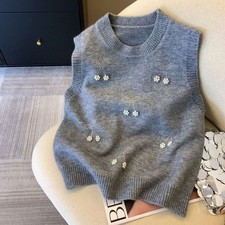 Women Knit Vest Round Neck Tank Tops Gilet Sleeveless Sweater Beaded Pullover