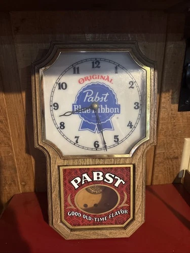 Rare Unique Vintage 1960's Pabst Blue Ribbon Beer Wooden Wall Clock Bar Sign