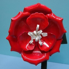 Vintage Large Red  White Enamel Metal Curved Petal Flower Pin Brooch