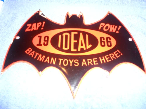 VINTAGE 11x8 in IDEAL BATMAN TOYS ARE HERE ADV SIGN HEAVY METAL PORCELAIN - Z541