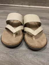 Vionic Marvina Cream Orthotic Toe Post Sandals-Cork Wedges-Leather-Size 6- NEW