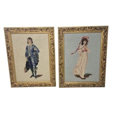 Vintage Handmade Needlepoint Boy Blue Pinkie Framed Rustic Classic Shabby Chic