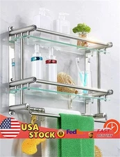 Bathroom Towel Rack with Shelf Hooks 2 Tier Wall Mounted Storage Organizer Rack