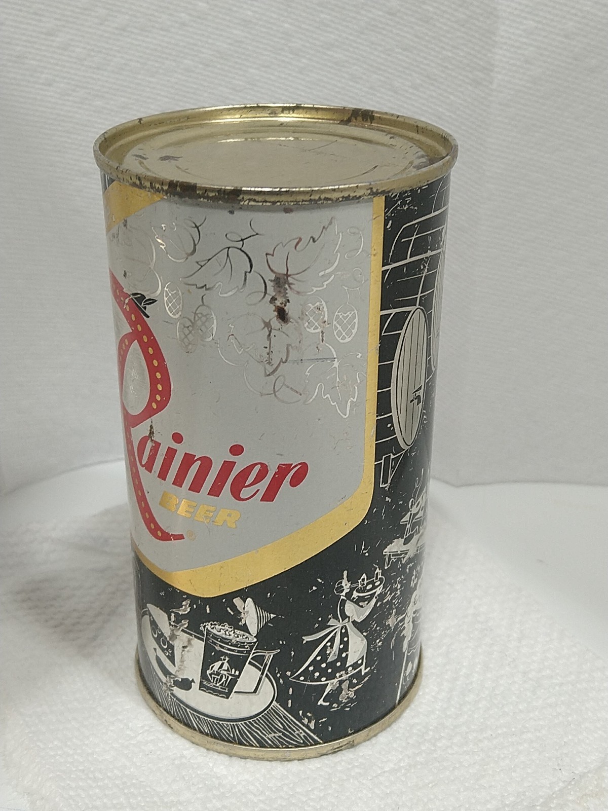 Black Rainier flat top Beer Can ( Bald guy holding beer Stein)