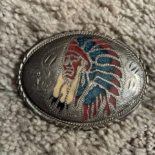 PB11172 VINTAGE 1970s INDIAN CHIEF W/ HEADDRESS SOUTHWESTERN DESIGN BUCKLE