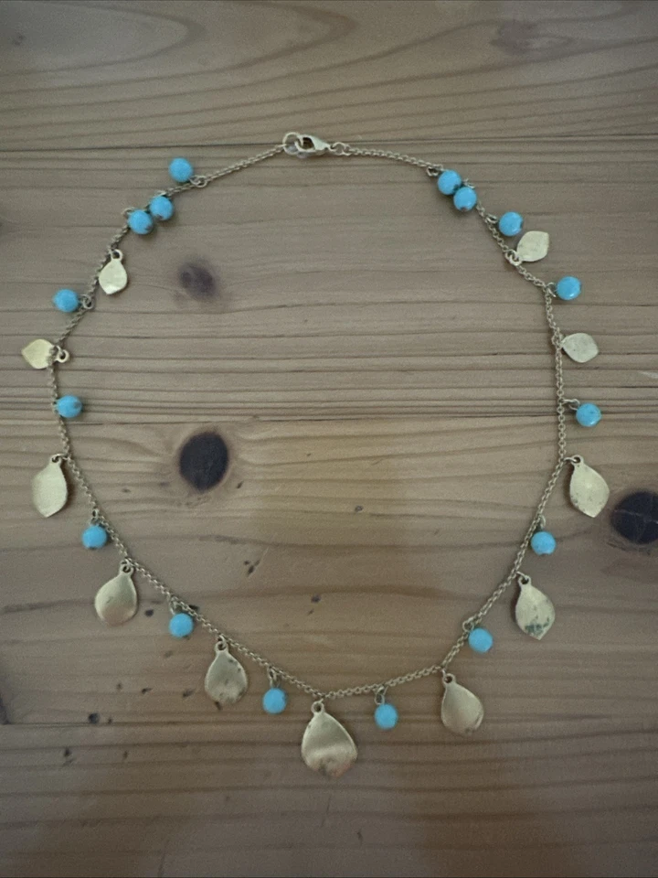 Boho Gold Tone Necklace Hammered Petal Charms & Turquoise Beads Artisan Style - Image 3 of 4