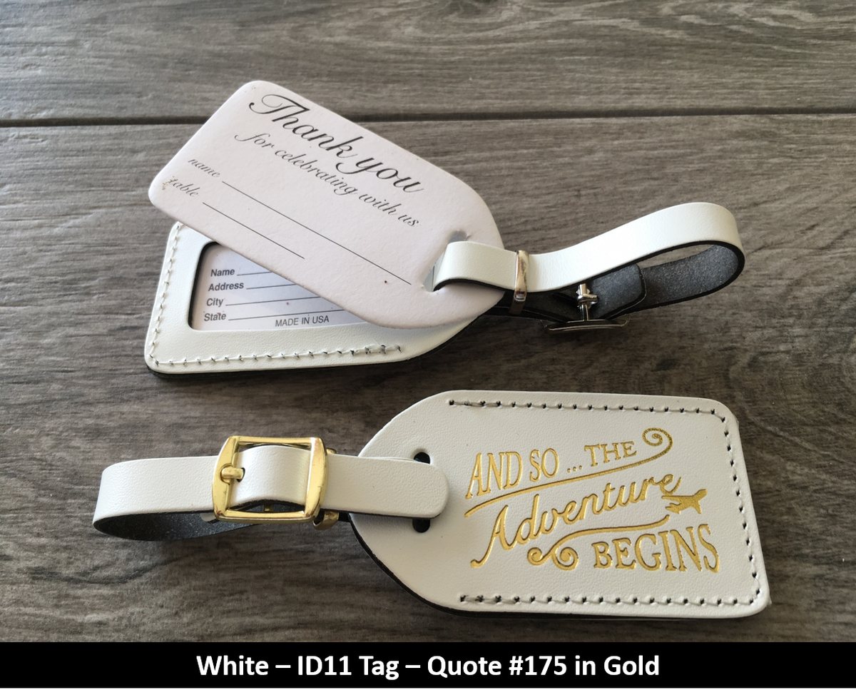 25 White (ID11 Style) leather Wedding escort luggage tags,