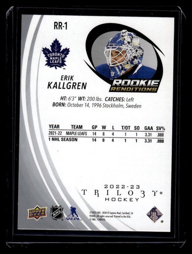 Erik Kallgren 2022 UD Trilogy Rookie Renditions #RR-1 Toronto - Picture 2 of 2