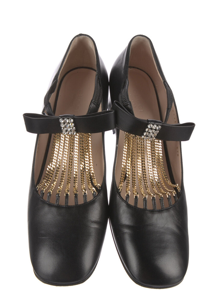 GUCCI ブラック ハイヒール リボン付き New GUCCI Mid Pump With Bonny Crystal & Chain Embellished