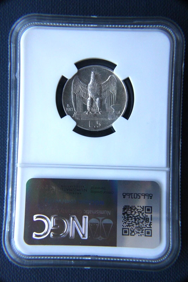 1927 R 5 Lire Silver coin, Italy, Vittorio Emanuele III, NGC AU 58 - Image 4 of 4