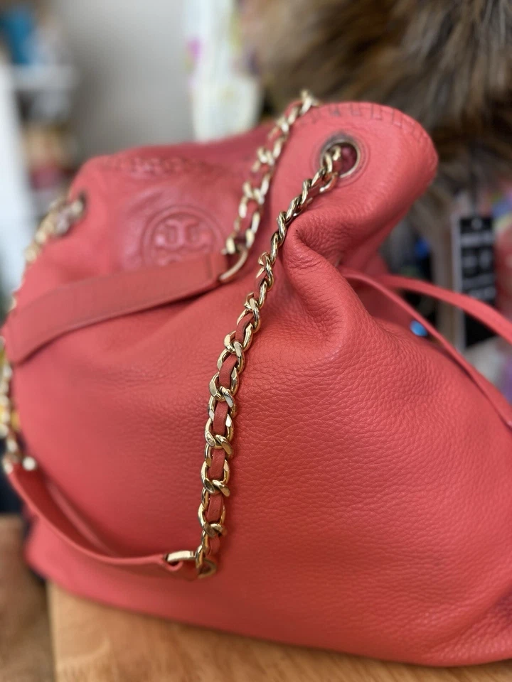 Bolso de Mano TORY BURCH Marion Cuero Cadena Rojo Logo Liso Mujer Buen Estado Foto 4 de 4