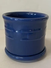 Longaberger Pottery small planter pot with under base Saucer, blue, made in USA