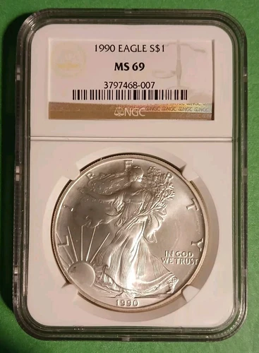 1990 $1 American Silver Eagle  NGC MS69  1 Oz .999 Silver / Brown Label • Nice !