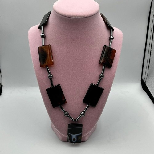 Abstract Translucent Large banded Moss Agate and hematite Stone Necklace