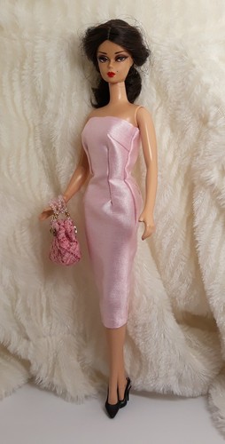 Outfit Dress Coat Bag Fits Barbie Silkstone Doll Repro FR Handmade Pink Silk - Picture 7 of 10