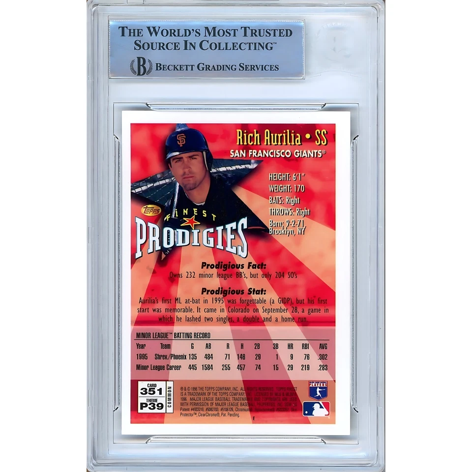 Rich Aurilia Signed 1996 Topps Finest Prodigies #351 RC AUTO Beckett SF Giants - Image 2 of 4