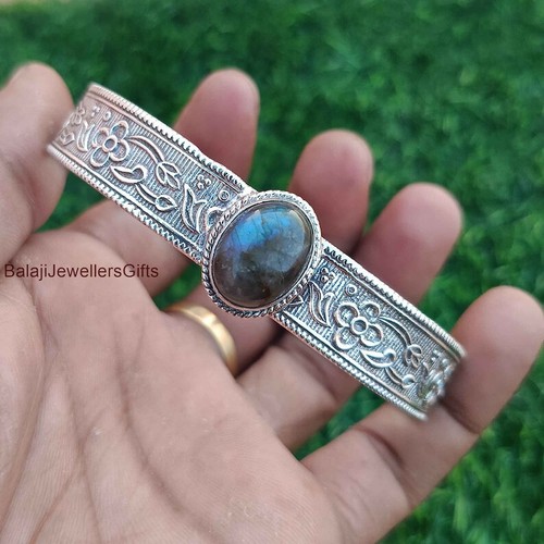 Blue Labradorite 925 Sterling Silver Designer Adjustable Unique Bangle SP3041 - Picture 3 of 5