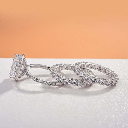 4 CT Cushion Cut CZ Hidden Halo Bridal Women's Trio Ring Set in Solid 925 Silver - Picture 2 of 4