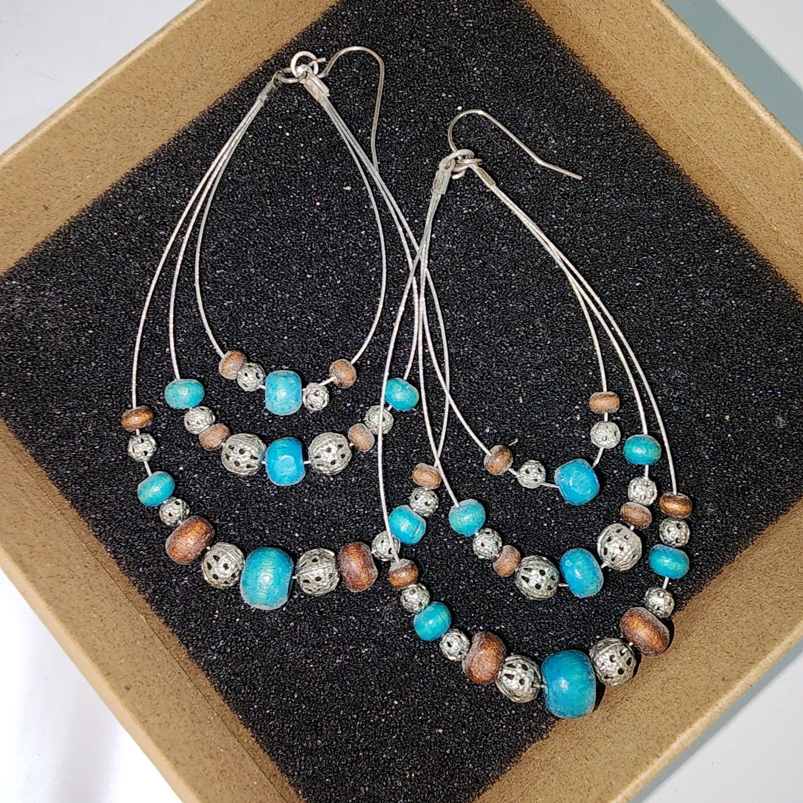 Beaded Blue and Silver Hoop Dangle Drop Boho Style Earrings for Women