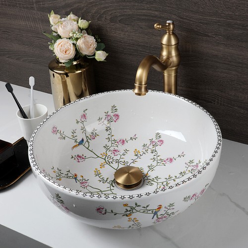White Bathroom Vessel Sinks 16" Round Flower Bird Ceramic Basin Bowls + Gold Tap - Picture 22 of 37