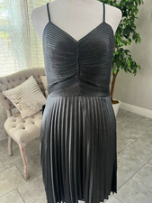Express Gray Metallic Pleated Midi Dress V-Neck Spaghetti Straps Ruffle Zip S