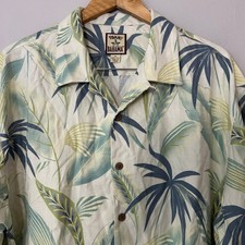 Tommy Bahama Camp Shirt Mens XL Cream Green Silk Tropical Palm Leaf Button Down