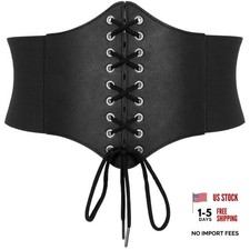 Corset Belt for Women Lace Up Elastic Leather Fit Waist Size 24"-26" 1-black