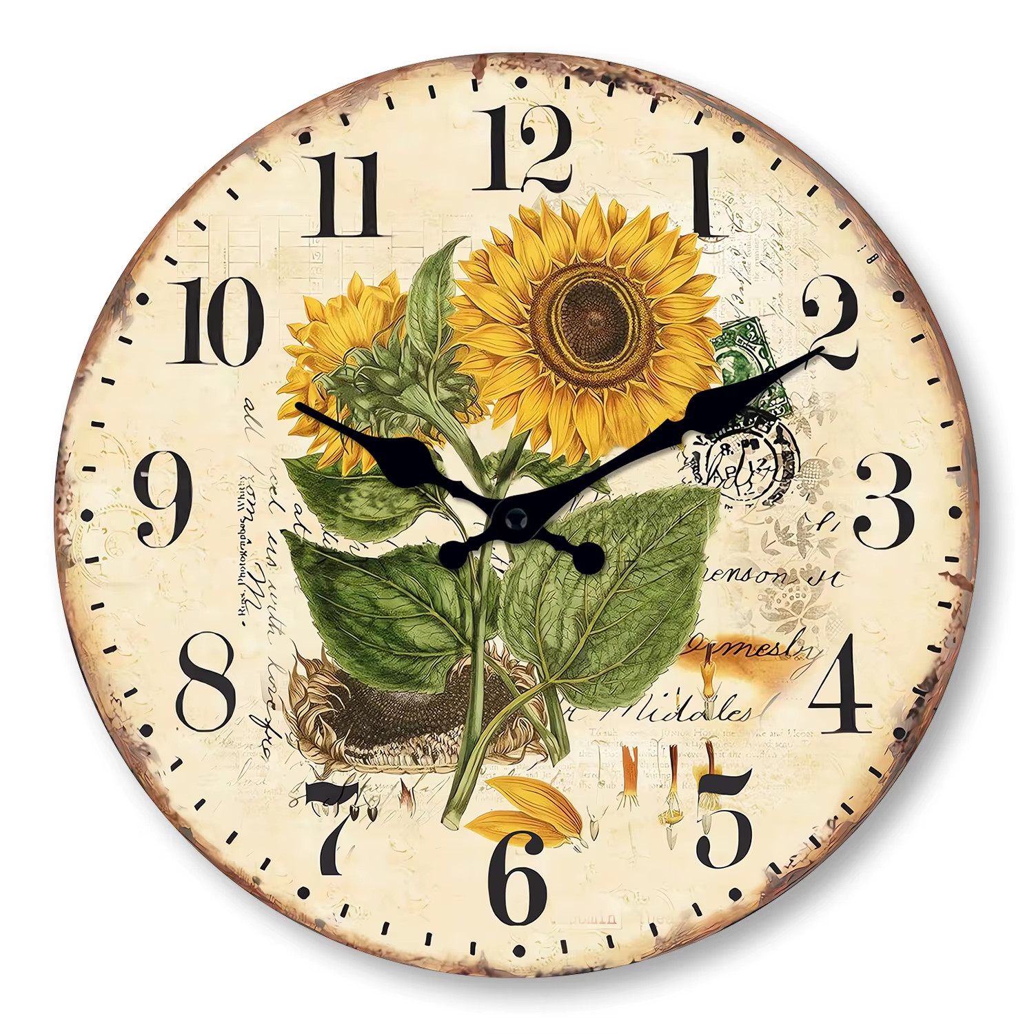 1Pc Retro Wood Wall Clock, Two Sunflower Flower Design Wall Clock, Non-Ticking S