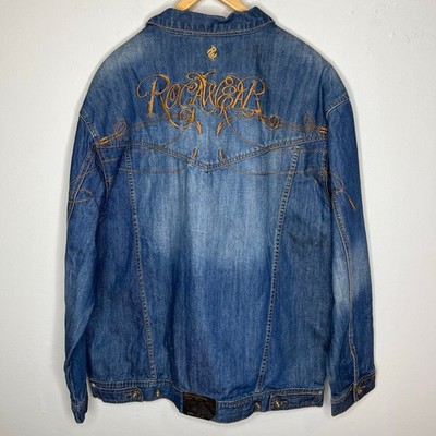 Rocawear Jean Jacket 2XL Mens Streetwear Hip Hop Y2K Embroidered Denim Med Wash