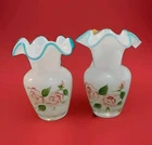 2 Telaflora by Fenton white swirl vases blue ruffle edge hand painted roses