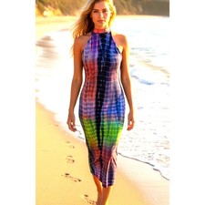 NEW Tie Dye Tropical Halter Midi Dress S Rainbow Boho Sexy Bodycon Club Resort