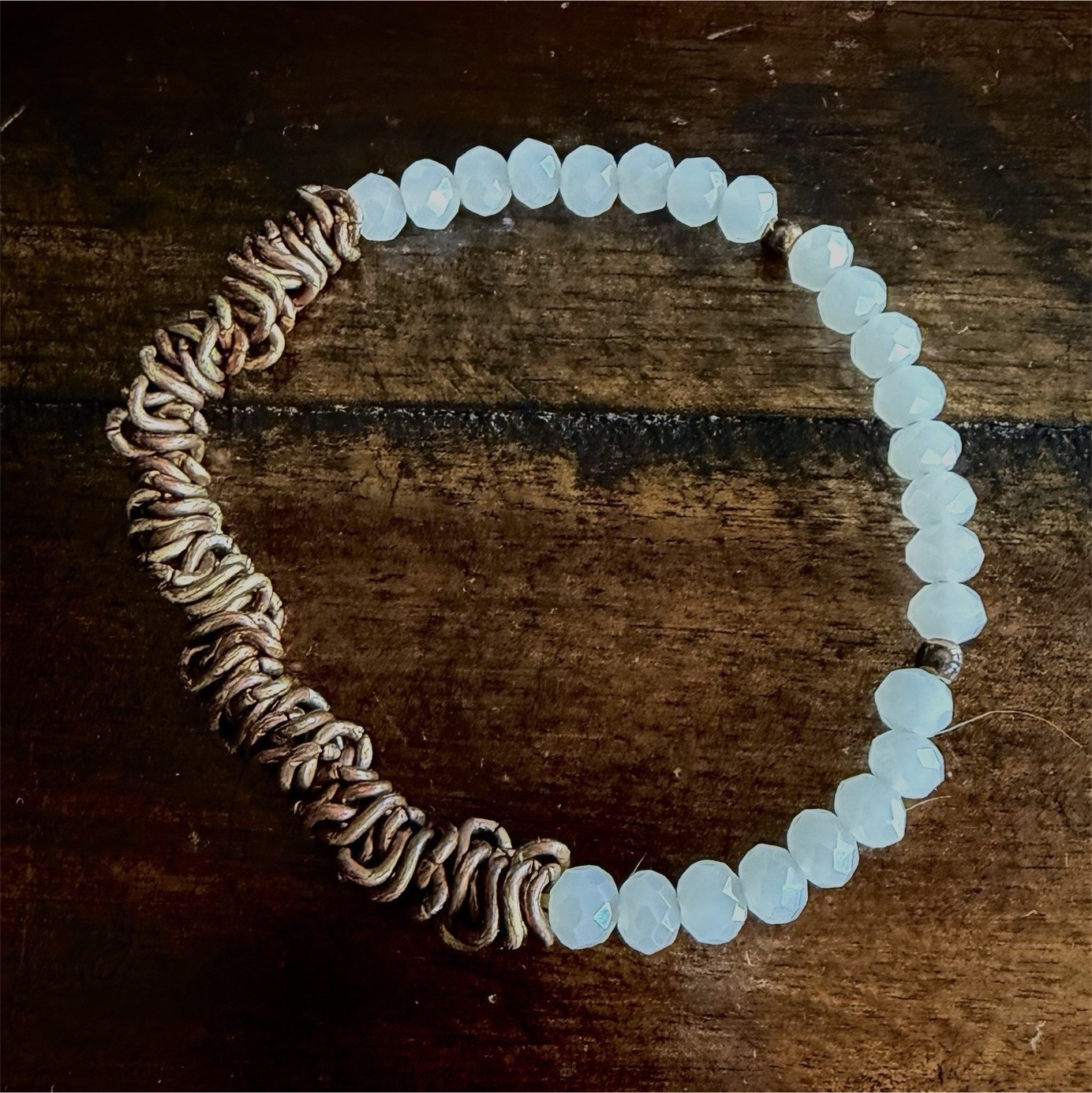 White Round Stone Beaded Stretch Slip-On Bracelet w/ Copper-Tone Coil Accent